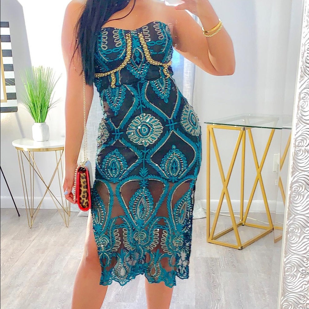 Black & Emerald green beaded tube top midi dress